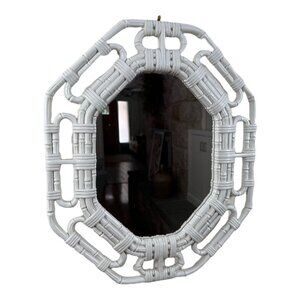 Vintage Homco 70’s MCM Mirror Faux Bamboo Wicker White Wall 17.5 x 14.5 EUC